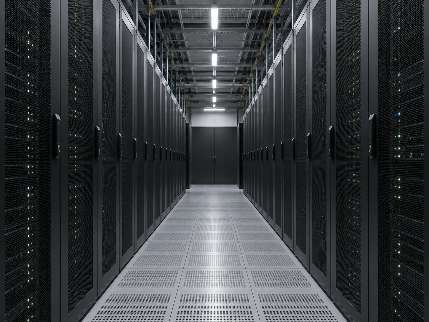A data-centre cold aisle, closed cabinets receding under cool light