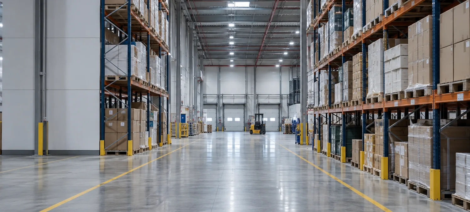 Interior of a distribution centre: four-level pallet racking down a clean aisle, dock doors at the far end