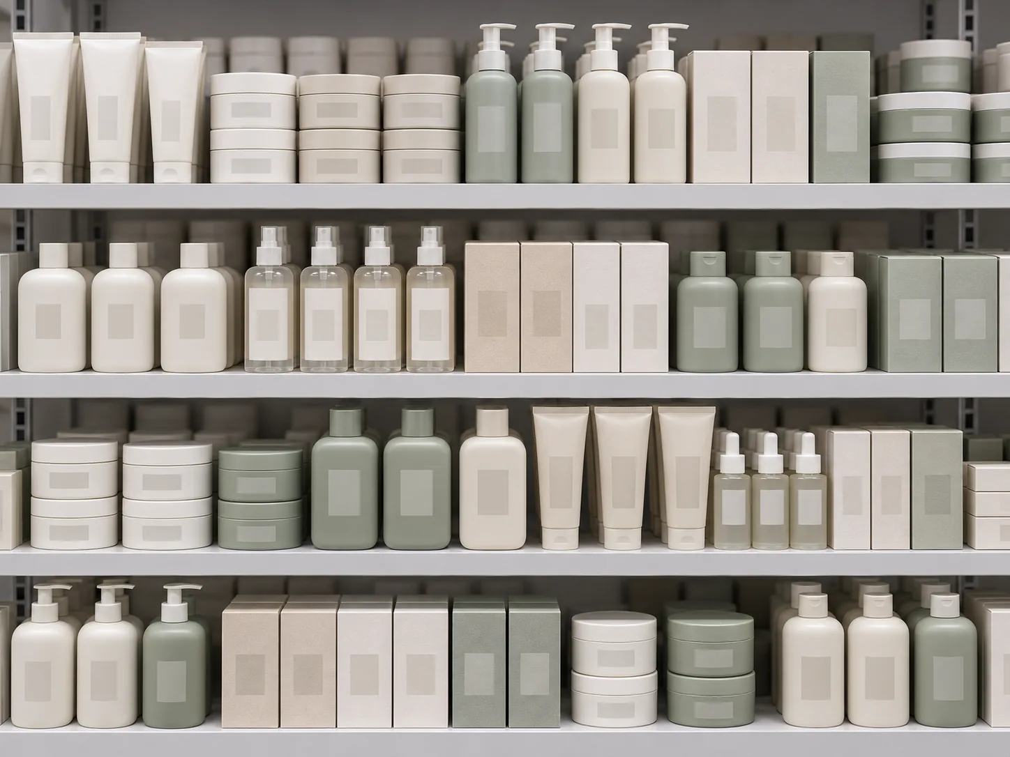 A retail shelf of unbranded cosmetic packaging in off-white and sage