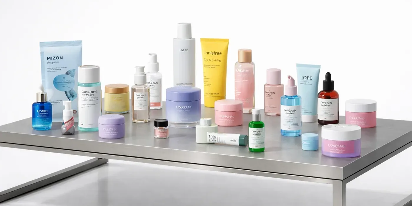 K-beauty skincare — bottles, jars and tubes on a steel table