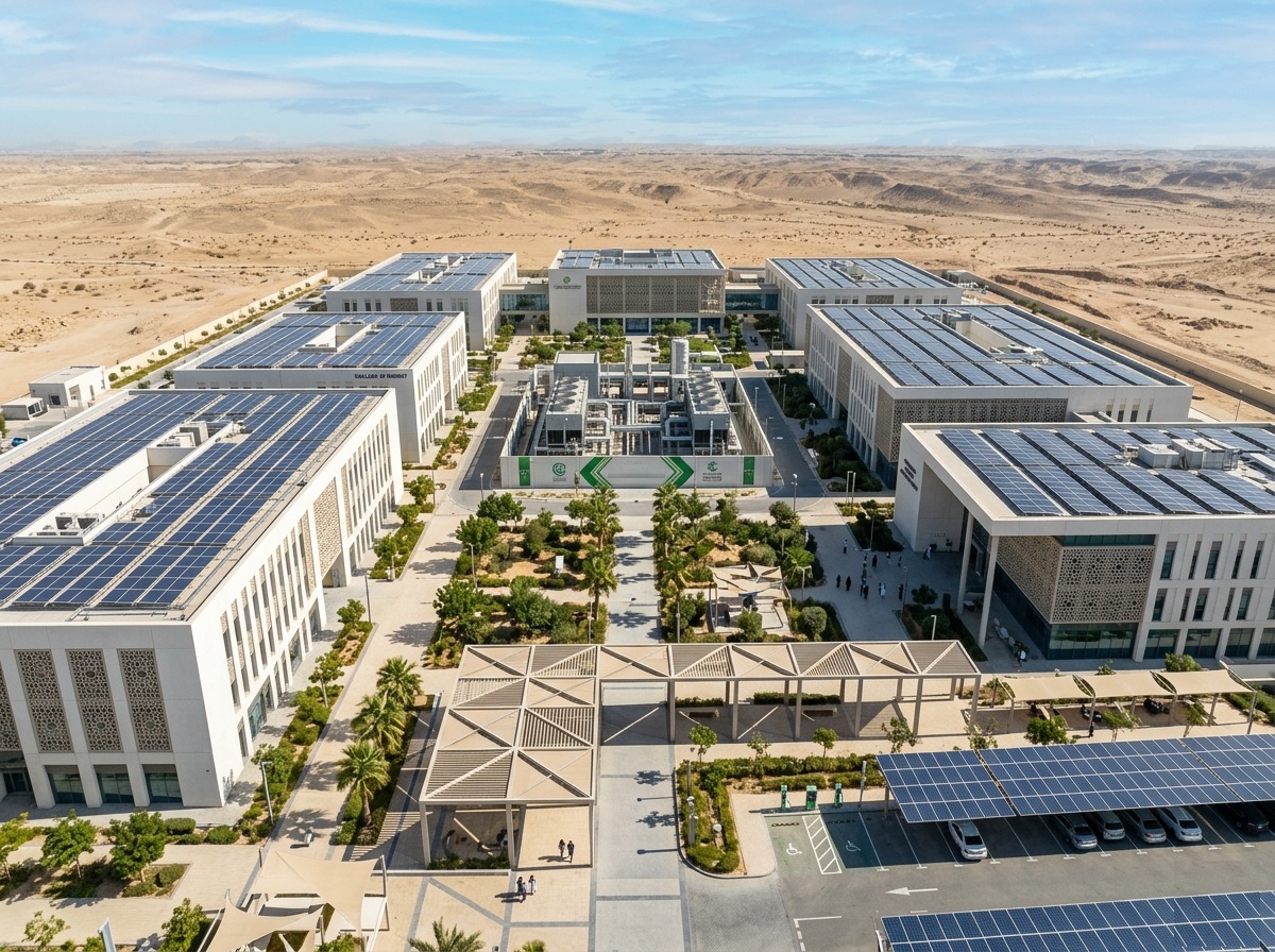 Modern Saudi facility with rooftop HVAC and solar systems in an arid landscape